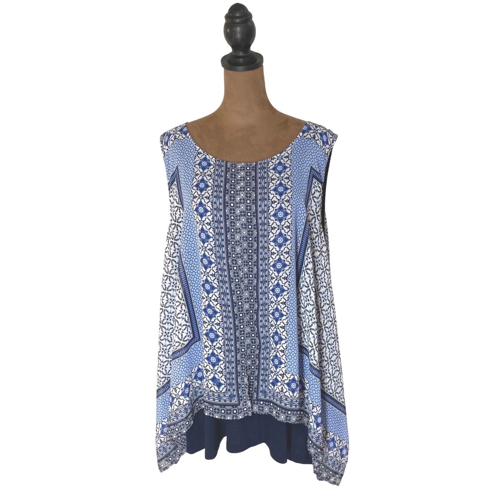 ALYX Women 3X Blue Geometric Tile Print Sharkbite Hem Layered Tunic Tank Top
